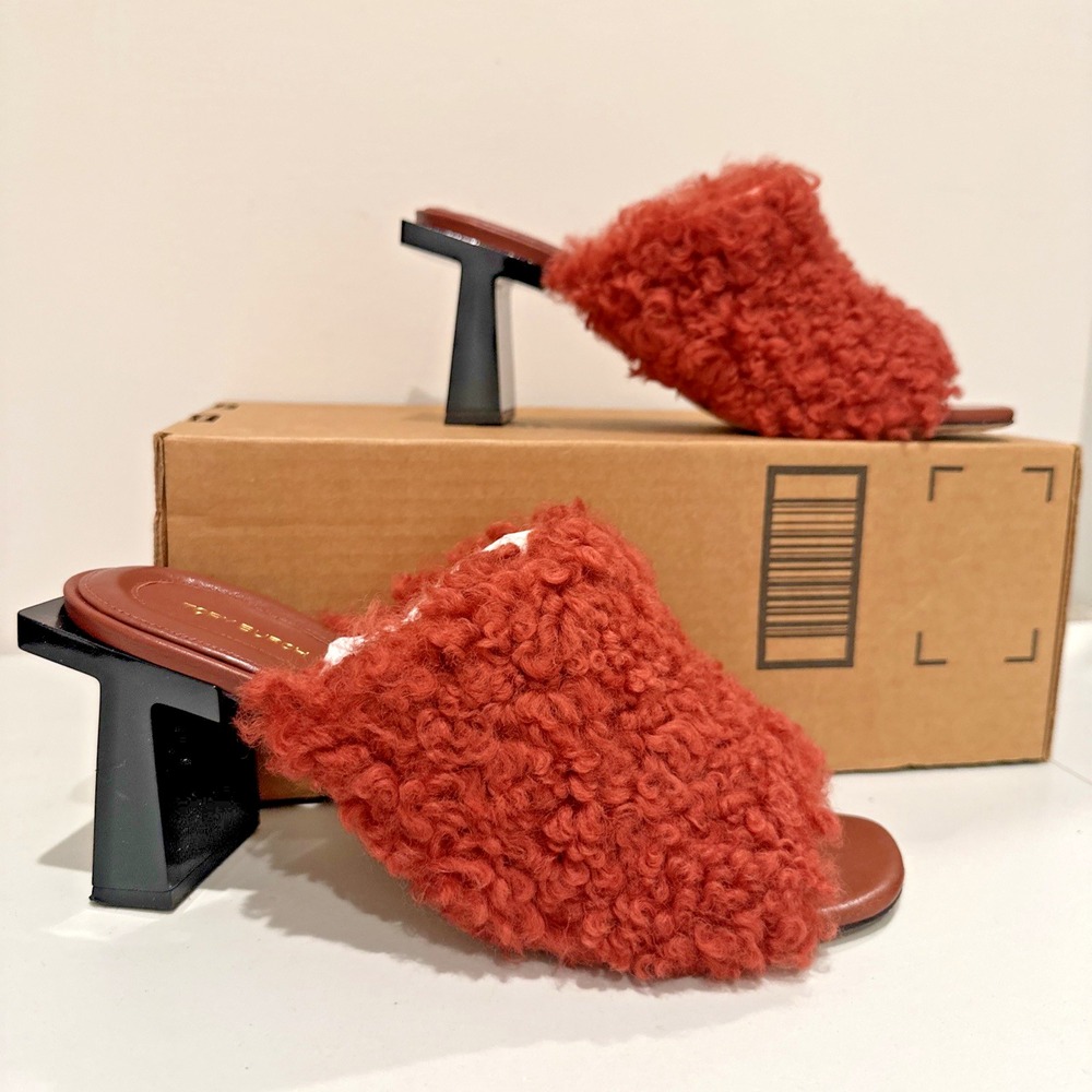 Tory Birch Size 10M Block T Heel Mule Kaku Shearling Sandal 80mm Smoked Paprika